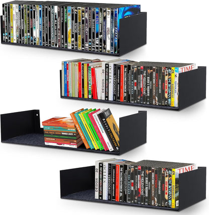U Shape Floating Shelves Wall Mount Metal Bookshelf CD DVD Storage Display Shelves, Black Set of 4