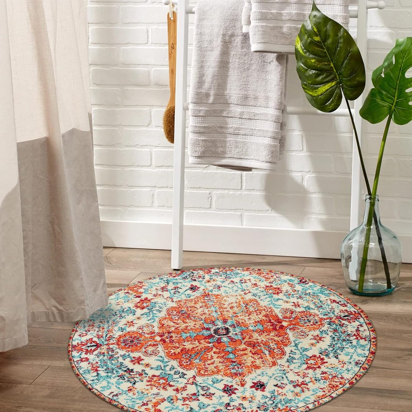 Lahome Bohemian Floral Medallion Round Rug - 3Ft Oriental Distressed Small Round Area Rug Vintage Washable Entryway Foyer Mat Non-Slip Non-Shedding Low-Pile Sofa Bathroom Carpet, Orange/Multi