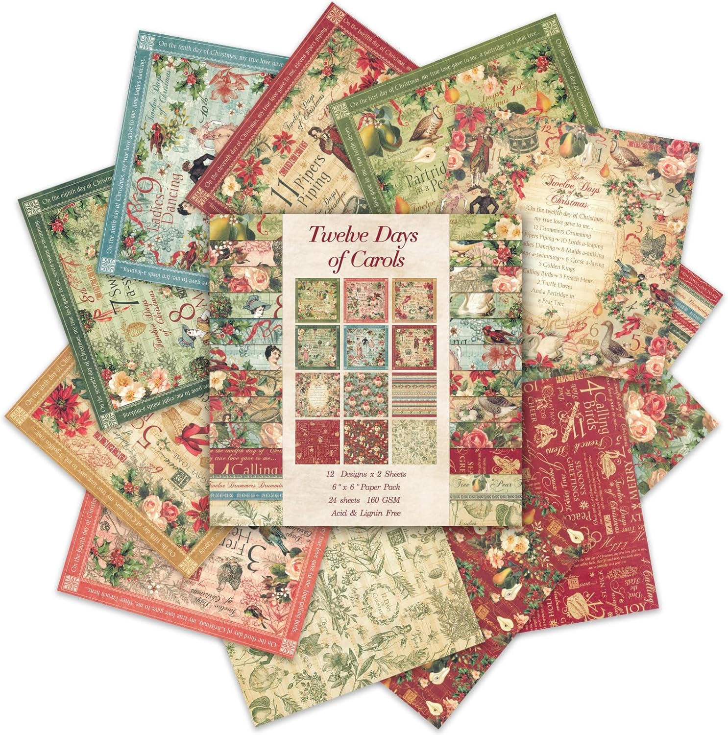 24 Sheets 12 Designs Scrapbook Paper Pad,6"×6” Single-Sided Decopodge Craft Cardstock Paper,Scrapbooking DIY Decorative Background Cardmaking Supplies.Carols - Crafty Corner