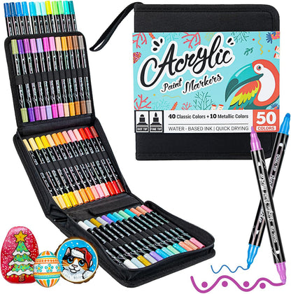 50 Colors Dual Tip Acrylic Paint Pens Cotton Nib Markers with Quick Dry Ink (1mm Fine & 5mm Dot Tips) Rock Painting, Wood, Fabric, Glass DIY Art Supplies for Adults Kids, Christmas Gifts