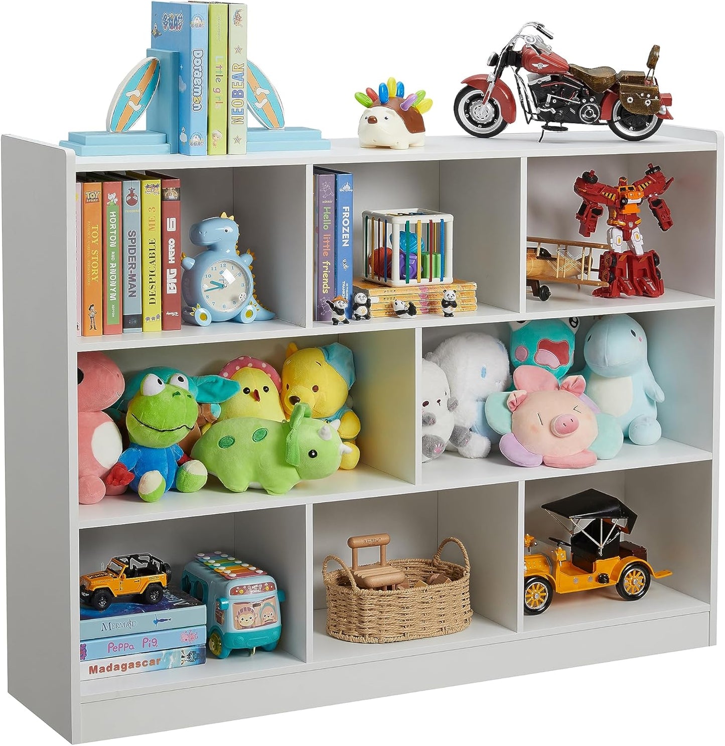 3-Tier Bookshelf, 8-Section Wooden Bookcase, Storage Organizer with Anti-Tilt Device, Modern Storage Display Cabinet for Living Room, Classroom, Kid’s Room (White)