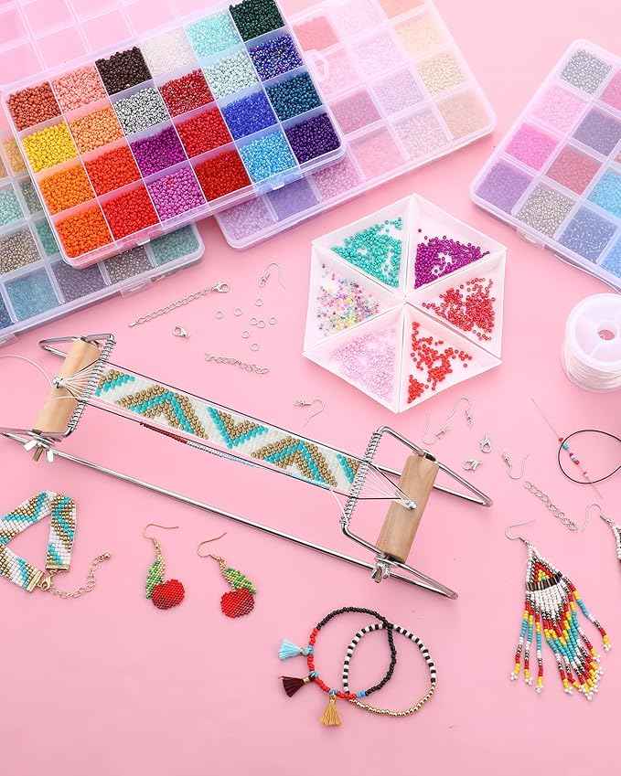 Jexine Bead Loom Kit for Adults 48000 Pcs Beading Loom Supplies with 96 Color 2 mm Glass Seed Bead Bracelets Valentine's Day Gifts Jewelry Earring Making Tools Gifts for Women DIY Craft