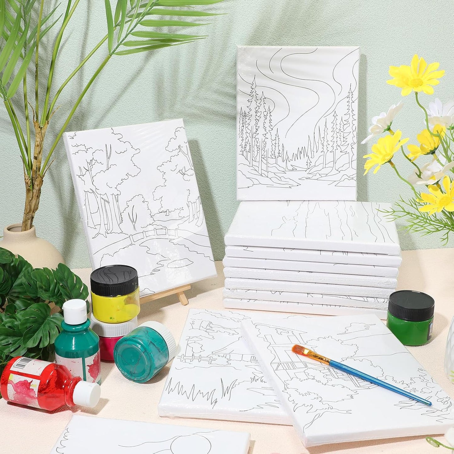 Zhanmai 12 Pack Pre Drawn Canvas for Painting Sip and Paint Kit 8" x 10" Paint Party Set Canvas Painting Pre Printed Canvases for Party Favor DIY Virtual Adult's Date Night(Natural Scenery) - Crafty Corner