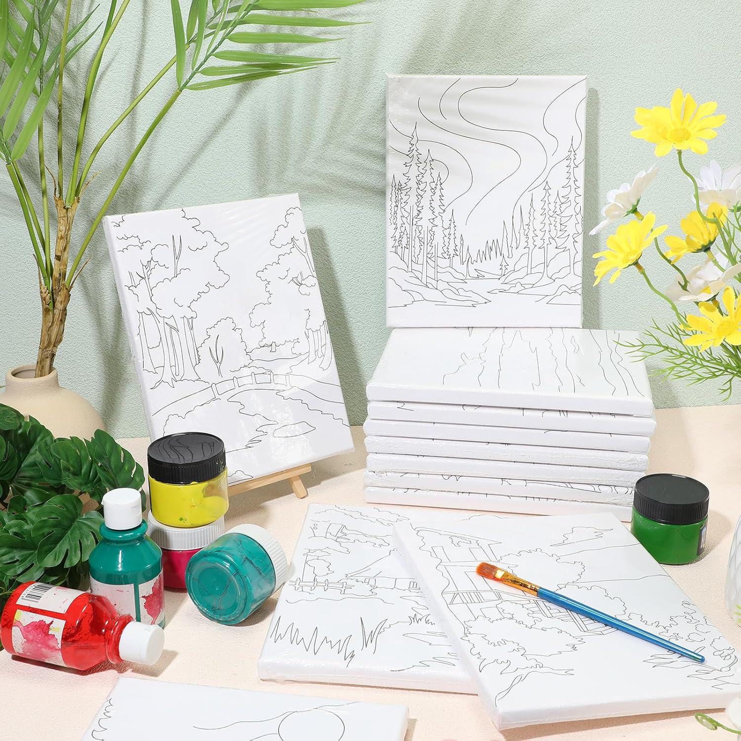 Zhanmai 12 Pack Pre Drawn Canvas for Painting Sip and Paint Kit 8" x 10" Paint Party Set Canvas Painting Pre Printed Canvases for Party Favor DIY Virtual Adult's Date Night(Natural Scenery) - Crafty Corner
