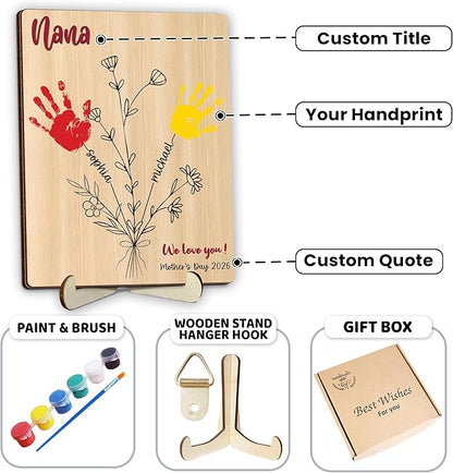 Personalized Handprint Wooden Sign for Mom Dad Grandma, DIY Kids Handprint Frame with Paints, Art Craft Family Keepsake, Mothers Fathers Day Valentines Birthday Gift for New Parents, Families