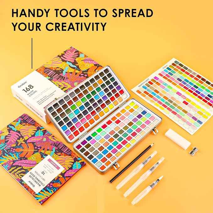 Grabie Watercolor Paint Set, Watercolor Paints, 168 Colors, Painting Set with Coloring Book, Water Brushes and Drawing Pencil, Art Supplies, Perfect Starter Kit for Watercolor Painting