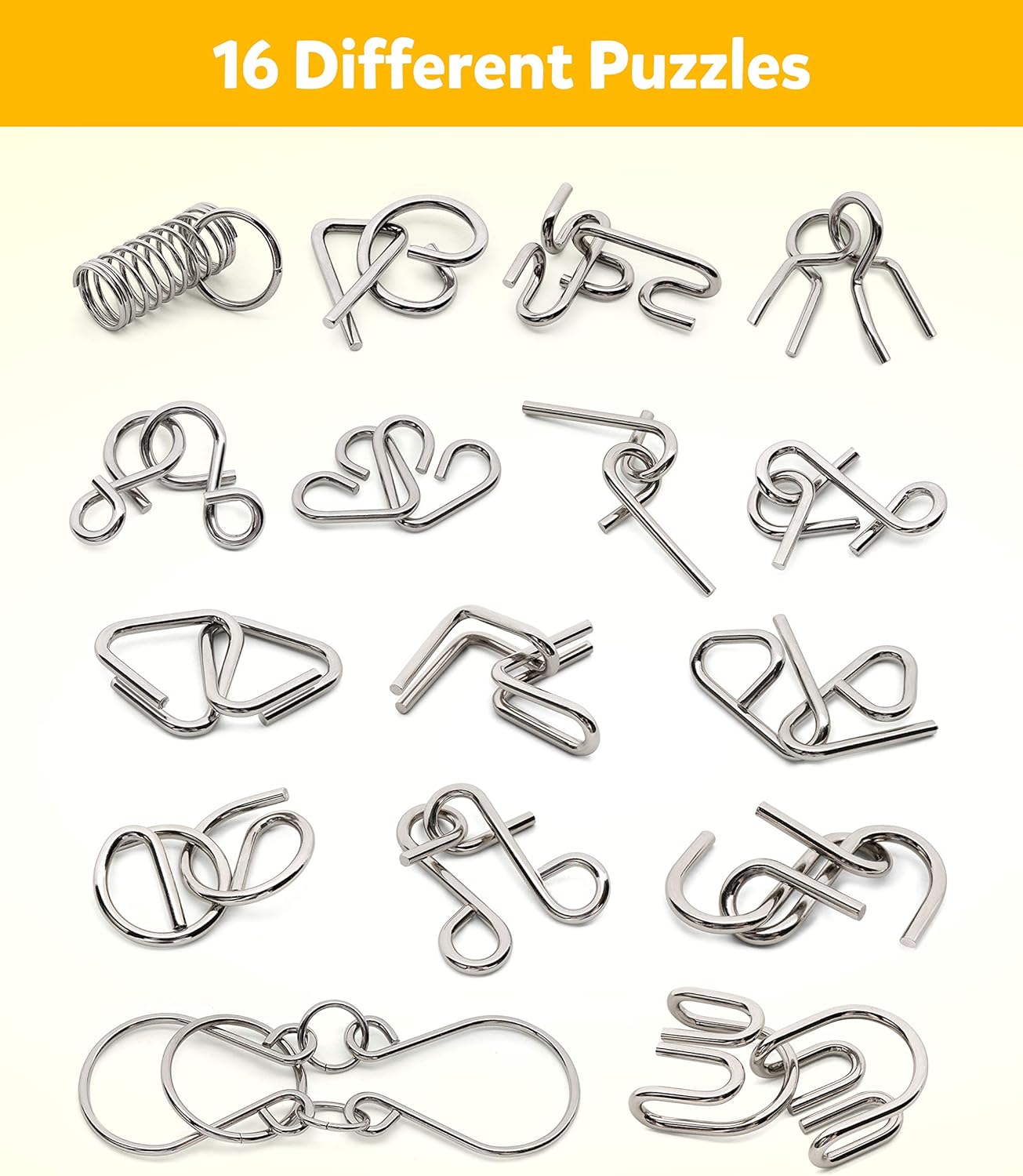 Coogam Metal Wire Puzzle Set of 16 with Pouch,Brain Teaser IQ Test Disentanglemen Iron Link Unlock Interlock Game Chinese Ring Magic Trick Toy for Party Favor Kids Adults Challenge