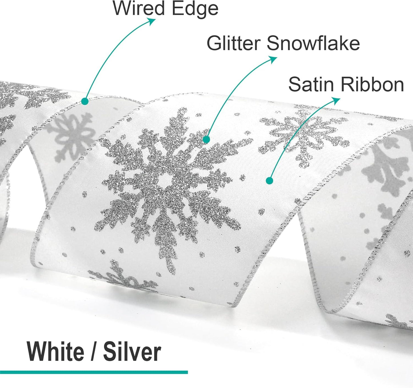 CT CRAFT LLC White Satin with Silver Snowflake Wired Ribbon 2.5 Inch x 10 Yards for Christmas Home Decor Tree Topper Bow Gift Wrapping DIY Crafts Wreath Garland - Crafty Corner