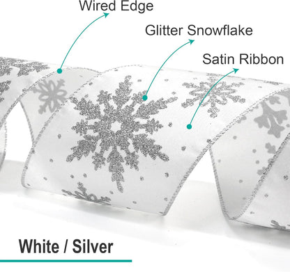 CT CRAFT LLC White Satin with Silver Snowflake Wired Ribbon 2.5 Inch x 10 Yards for Christmas Home Decor Tree Topper Bow Gift Wrapping DIY Crafts Wreath Garland - Crafty Corner