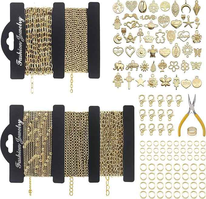 Ecofor Jewelry Making Ultimate Bundle - 111.7 Feet Gold Chains (17 Rolls) with 500+ Findings, 50 Pendants & Tools for DIY Necklace & Bracelet Making