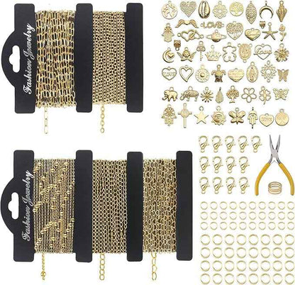 Ecofor Jewelry Making Ultimate Bundle - 111.7 Feet Gold Chains (17 Rolls) with 500+ Findings, 50 Pendants & Tools for DIY Necklace & Bracelet Making
