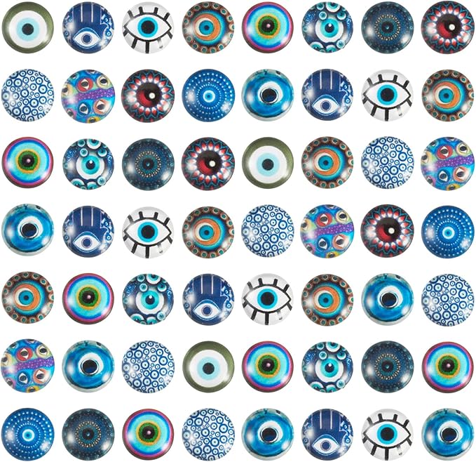 Craftora 100Pcs 12mm Transparent Glass Cabochons Mixed Blue Evil Eye Printed Cameo Dome Tiles Flat Back Glass Covered Dome Tiles for DIY Bracelets Necklace Scrapbooking Art Crafts