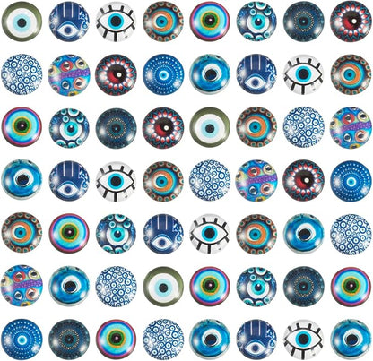 Craftora 100Pcs 12mm Transparent Glass Cabochons Mixed Blue Evil Eye Printed Cameo Dome Tiles Flat Back Glass Covered Dome Tiles for DIY Bracelets Necklace Scrapbooking Art Crafts