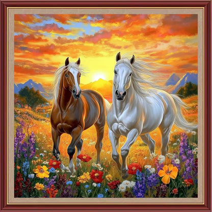 DMCXART Counted Cross Stitch Kits for Adults Needlepoint Kits Unprinted Cross Stitching Embroidery Kit 11CT Cross Stitch Supplies-Sunrise, Horse, Flower 18x18 inch