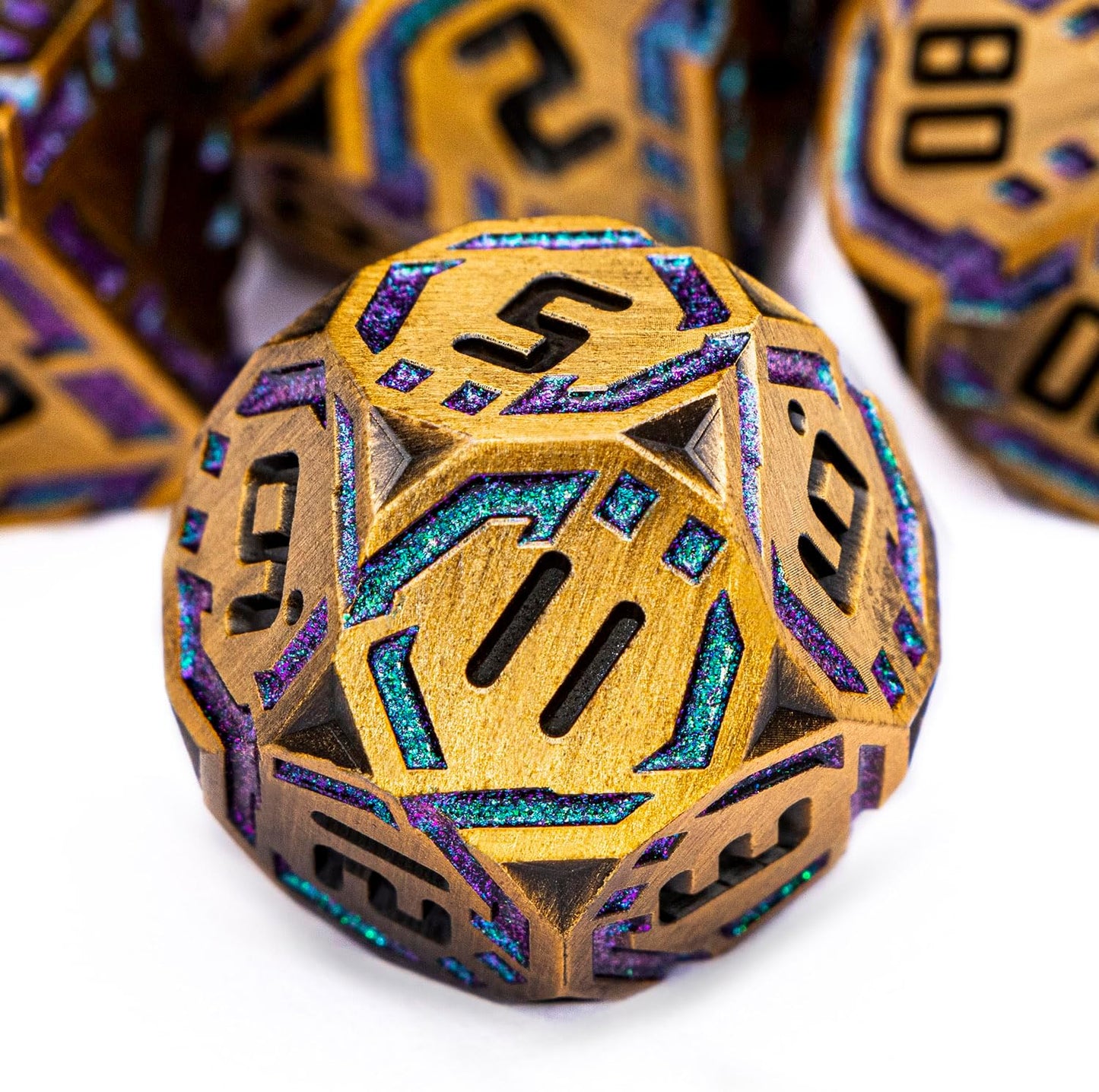 Metal DND Sci-fi Dice Set 7PCS Stripe Polyhedral Dice for Dungeons Dragons RPG Role Playing Game, Glitter D and D Dice with Gift Box D6 D8 D10 D12 D20 (Ancient Gold&Green Purple)