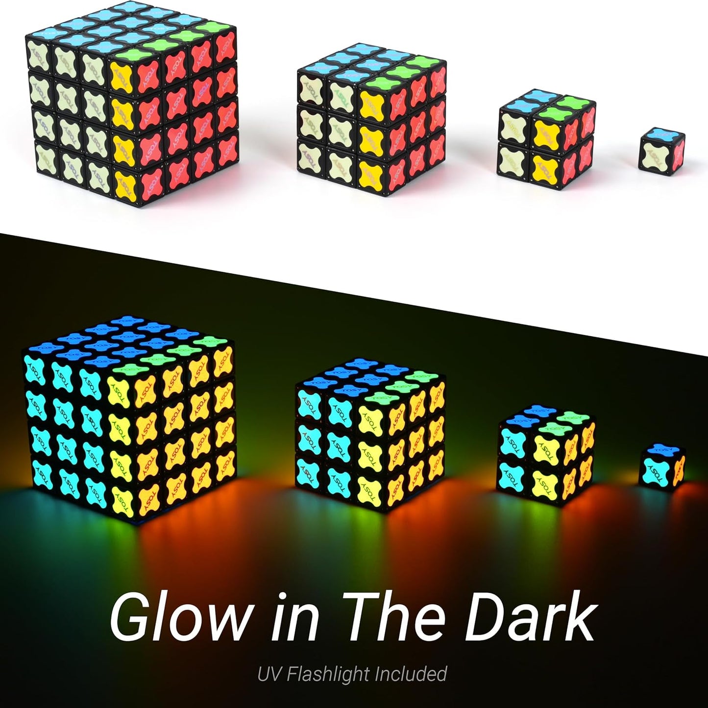 TOSY Magnet Cube 2x2 - 8 Blocks, 2 in 1 Toy: 2x2x2 Puzzle Cube and Customizable Infinity Cube, Glowing, UV Flashlight, Fidget/STEM/STEAM Magnet Tiles Birthday Gift for Kids/Teens/Adults, 4-Pack