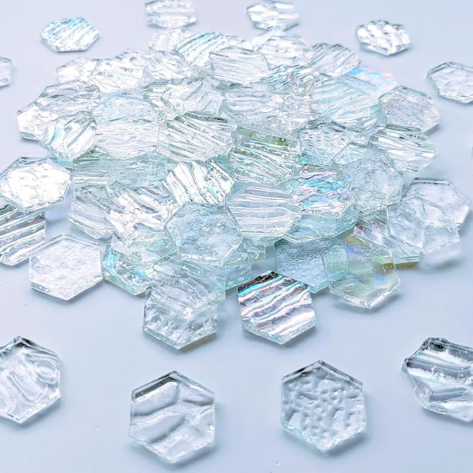 100 pcs Hexagon White Iridescence Stained Glass Pieces Mosaics Tiles for Crafts Bulk, Hand Precut Mosaic for Stained Glass Bee Honeycombs, Mosaic Kits for Adults