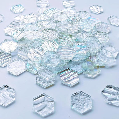 100 pcs Hexagon White Iridescence Stained Glass Pieces Mosaics Tiles for Crafts Bulk, Hand Precut Mosaic for Stained Glass Bee Honeycombs, Mosaic Kits for Adults