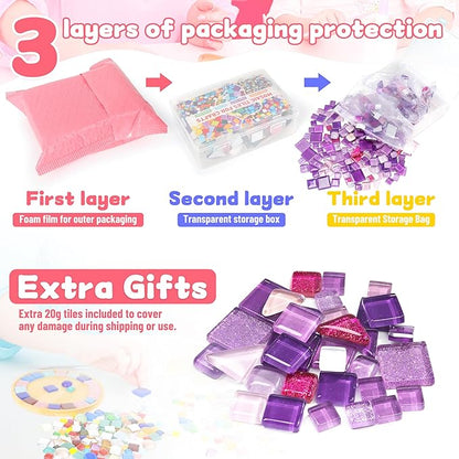 Glass Mosaic Tiles Crafts: Pre-Cut Waterproof Purple 300 Pieces for DIY Outdoor Home & Garden Art Projects - Decor Patio Stepping Stones Kits - Mother Gifts & Family Bonding Activities