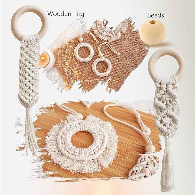 227pcs Macrame Kits 3mm 115yards Wall Hanging Natural Cotton Macrame Cord with Wooden Beads & Rings Wooden Sticks, Metal S-hooks Supplies for Hanging Plant Hand Tassel weaving