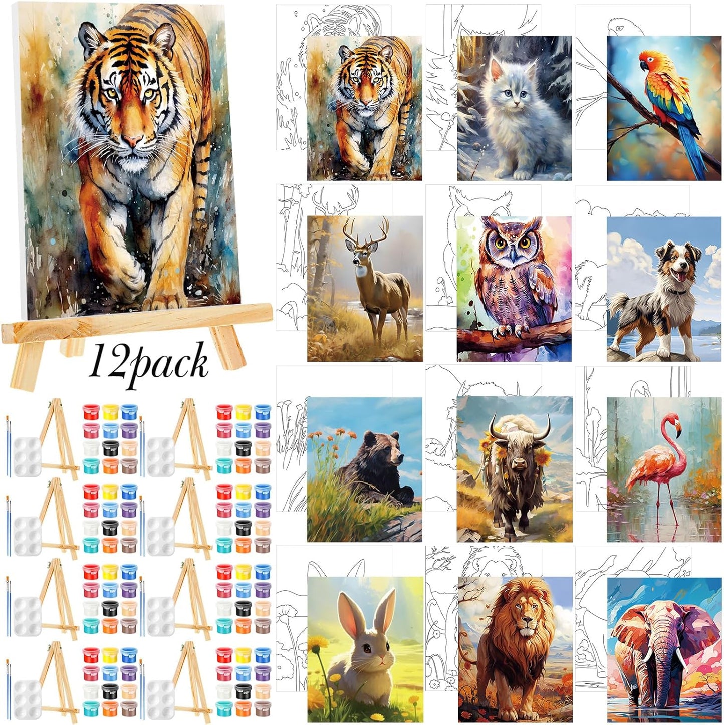Zhanmai 12 Pack Pre Drawn Canvas for Painting Sip and Paint Kit 8" x 10" Paint Party Set Canvas Painting Pre Printed Canvases for Party Favor DIY Virtual Adult's Date Night(Animals) - Crafty Corner
