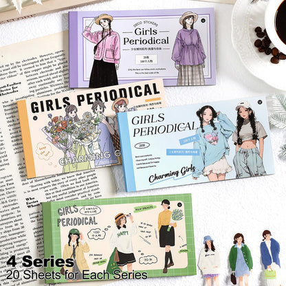 4Pcs PET Girl Sticker Books, Pre-Cut Fashion Designs for Scrapbooking, DIY Crafts, Waterproof Journaling Supplies, Junk Journal Ephemera, Includes Organizer