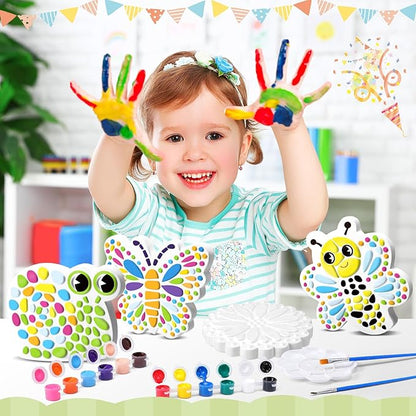 6 Pack Stepping Stone Ceramic Kit for Kids Paint Your Own Plaster Stones Arts and Crafts Handprint Garden and Spring DIY Craft Pottery Outdoor Painting Gifts for Kids Ages 4-12