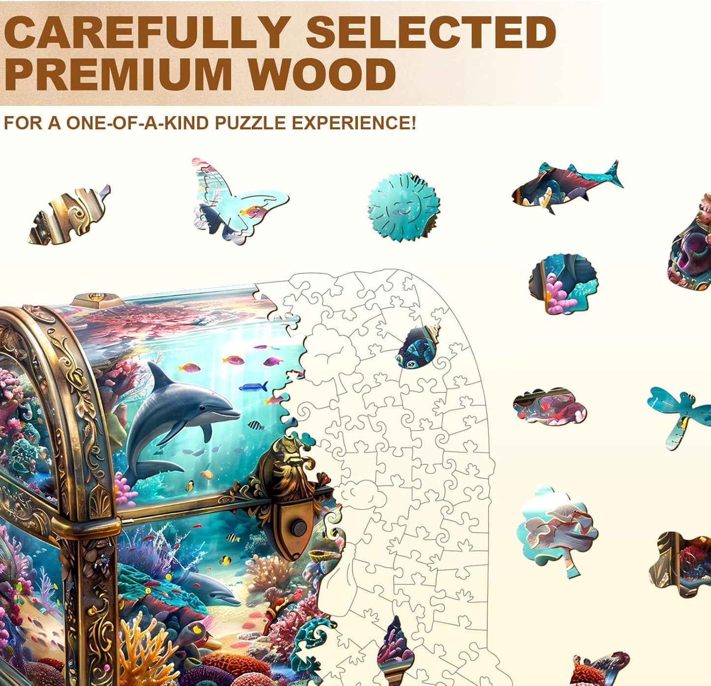 Wooden Puzzles for Adults, Treasure Chest Ocean Wooden Jigsaw Puzzle Fish 430 PCS Unique Shape Wood Puzzles Adult 3D Visual Effect Birthday Gifts for Puzzle Lovers Family Games (XL-17.3 * 16.7in)