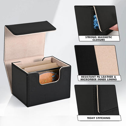 ZLCA Card Deck Box for Trading Cards, MTG Commander Deck Box Holds 120+ Single Sleeved, Leather Magnetic Card Storage Case Fits for TCG CCG Magic (Black& Gold)