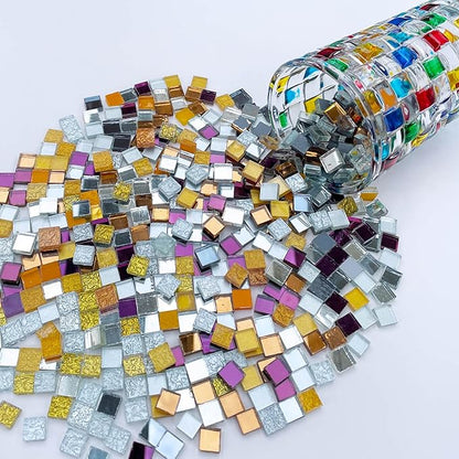 LITMIND 1.1LB Gold, Silver & Purple Mixed Glass Mosaic Tiles for Crafts - 0.4 Inch Square Mirror Glass Pieces, Ideal for Mosaic Art Projects, Puzzles, and Home Décor