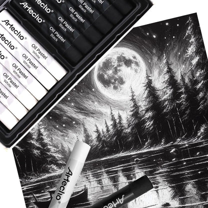 Artecho Oil Pastels Set of 12 PCS, 6 White and 6 Black, Crayons for Art Painting, Drawing, Blending (10 x 70 mm)