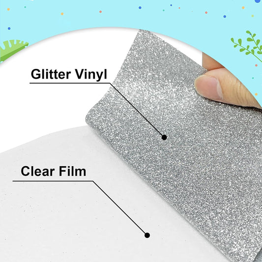 Silver Glitter Heat Transfer Vinyl 12Inch*6FT Glitter Iron on Vinyl for T Shirts Easy to Cut and Weed Compatible with All Cutter Machines HTV Vinyl Iron on for Cricut (Silver12Inches*6Ft)