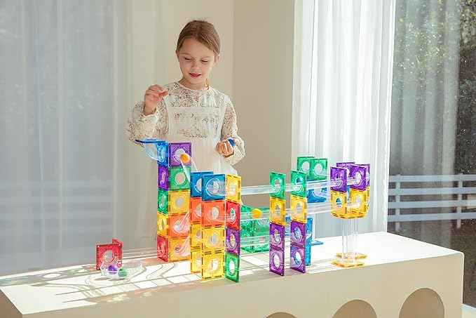Marble Run Magnetic Tiles Set 120PCS | STEM-Authenticated Magnetic Building Blocks with Marble Track Pieces | Educational Construction Toy for Kids Ages 3–8 (Boys & Girls)