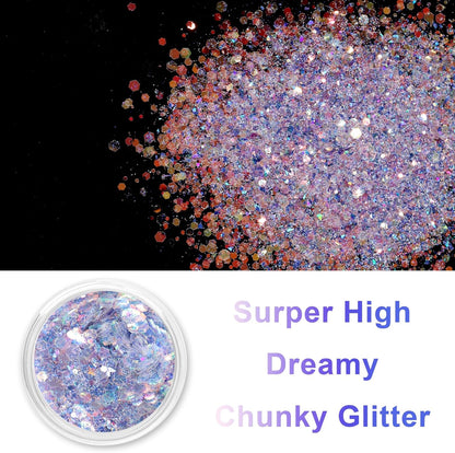 Renfio Opal Chunky Glitter, 1.75oz/50g Purple Glitter, Dreamy High Sparkle Glitter for Crafts Holographic Fine Glitter Mix Iridescent Glitters Flake for Resin Nails Art Hair DIY Snow - Elegant Lilac