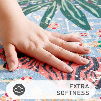 Washable Blue Rugs Thin Oriental Boho Vintage Tropical Jungle 6x9 Area Rugs for Bedroom Kitchen Dining Living Room Office Distressed Indoor Plant Entry Carpet