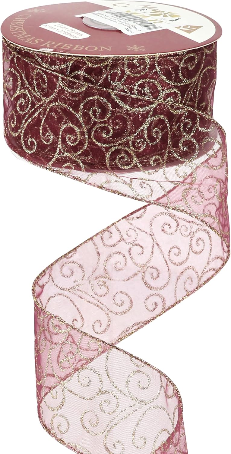 MEEDEE Red Gold Swirl Wired Ribbon 2.5 Inch Dark Red Sheer Ribbon with Gold Swirl Glitter Wired Ribbon Organza Sheer Ribbon 25 Yards Burgundy Sheer Christmas Ribbon for Christmas Tree, Wreath Bow - Crafty Corner