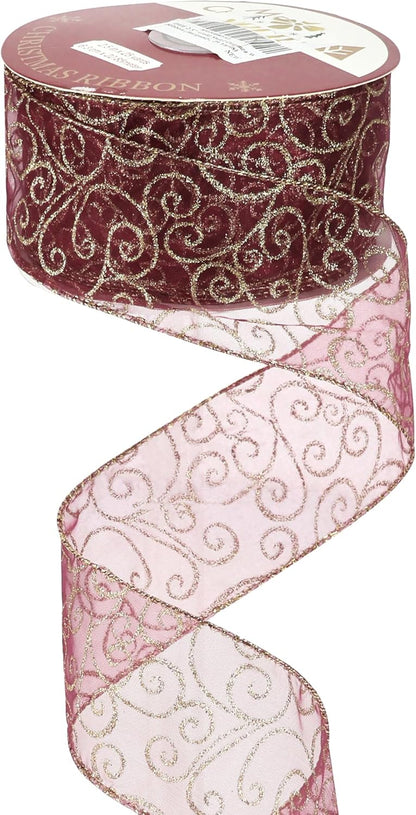 MEEDEE Red Gold Swirl Wired Ribbon 2.5 Inch Dark Red Sheer Ribbon with Gold Swirl Glitter Wired Ribbon Organza Sheer Ribbon 25 Yards Burgundy Sheer Christmas Ribbon for Christmas Tree, Wreath Bow - Crafty Corner