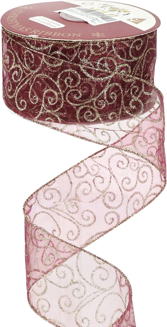 MEEDEE Red Gold Swirl Wired Ribbon 2.5 Inch Dark Red Sheer Ribbon with Gold Swirl Glitter Wired Ribbon Organza Sheer Ribbon 25 Yards Burgundy Sheer Christmas Ribbon for Christmas Tree, Wreath Bow - Crafty Corner