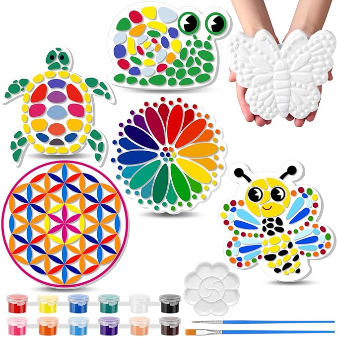 6 Pack Stepping Stone Ceramic Kit for Kids Paint Your Own Plaster Stones Arts and Crafts Handprint Garden and Spring DIY Craft Pottery Outdoor Painting Gifts for Kids Ages 4-12