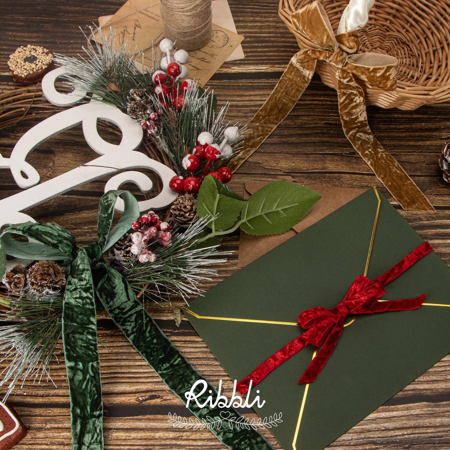 Ribbli Khaki Velvet Ribbon 1 Inches Luxury Crinkled Brown Christmas Ribbon for Gift Wrapping Crafts Home Decor-Continuous 10 Yard - Crafty Corner