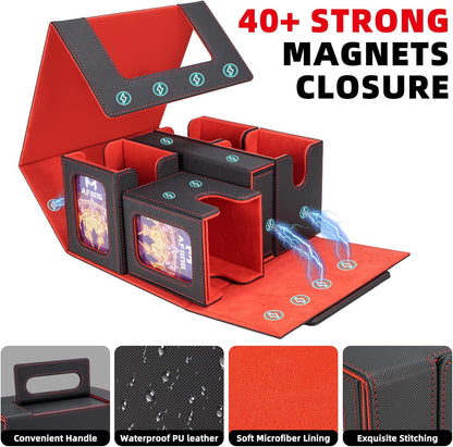 AFIING Commander Deck Box for MTG/EDH, Trading Card Storage Fits 400+ Double-Sleeved Cards, Display Window, 4 Removable Deck Cases, 8 Dividers, Dice Tray & Handle, 4 Toploader Holders (Black Red)