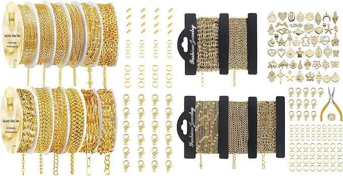 Ecofor Jewelry Making Ultimate Bundle - 111.7 Feet Gold Chains (17 Rolls) with 500+ Findings, 50 Pendants & Tools for DIY Necklace & Bracelet Making