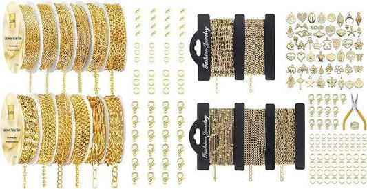 Ecofor Jewelry Making Ultimate Bundle - 111.7 Feet Gold Chains (17 Rolls) with 500+ Findings, 50 Pendants & Tools for DIY Necklace & Bracelet Making