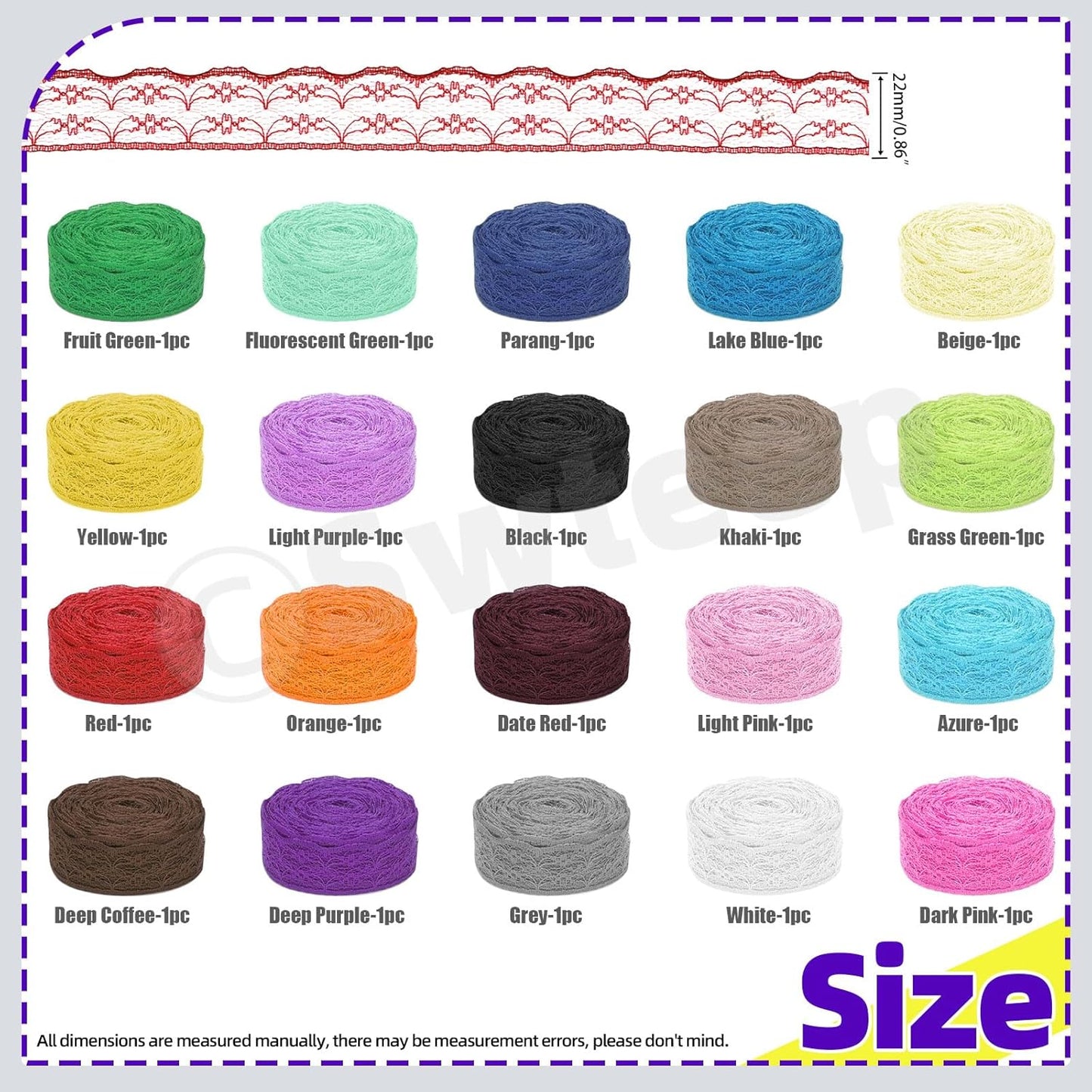 Swpeet 20 Rolls in Total 200 Yards 2.2cm×10 Yards Colorful Lace Ribbon Unilateral Floral Pattern Fabric Lace Ribbon, Lace Trim Ribbon Crafting Lace for Wedding Decorating, Sewing Gift Wrapping - Crafty Corner