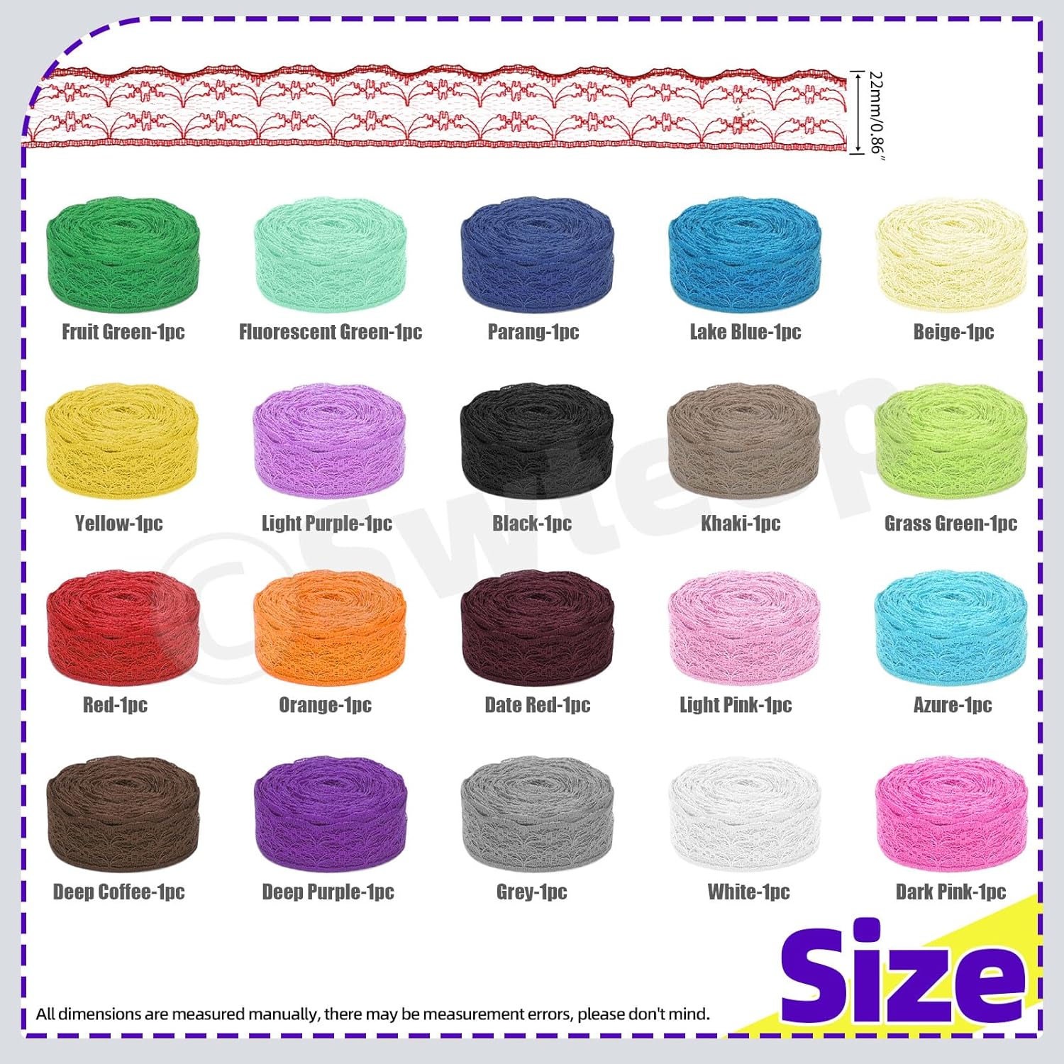 Swpeet 20 Rolls in Total 200 Yards 2.2cm×10 Yards Colorful Lace Ribbon Unilateral Floral Pattern Fabric Lace Ribbon, Lace Trim Ribbon Crafting Lace for Wedding Decorating, Sewing Gift Wrapping - Crafty Corner