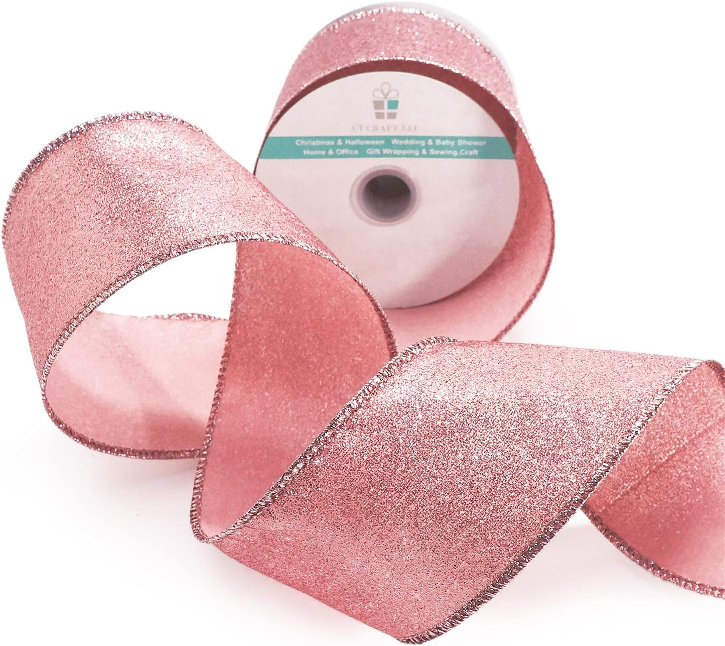 CT CRAFT LLC Glitter Wired Ribbon 2.5" x 10 Yards Rose Gold for Christmas Home Decor Bow Gift Wrapping DIY Crafts Wreath - Crafty Corner