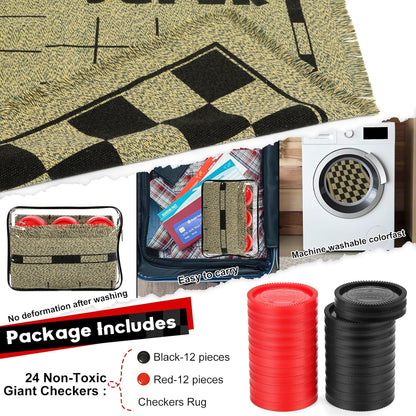Giant Checkers Game Set - 3-in-1 Reversible Carpet for Kids & Adults - Oversized Indoor/Outdoor Mat for Family Fun & Parties