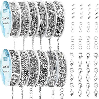 Ecofor Jewelry Making Super Bundle - 111.7 Feet 14K Gold & Stainless Steel Chains with 500+ Findings, 50 Pendants & Tools (17 Rolls)