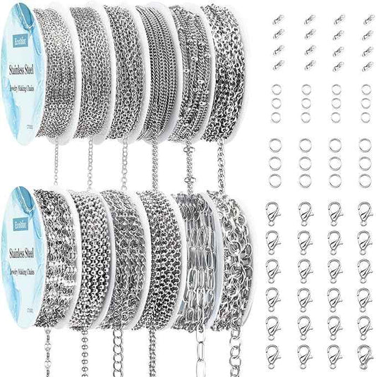 Ecofor Jewelry Making Super Bundle - 111.7 Feet 14K Gold & Stainless Steel Chains with 500+ Findings, 50 Pendants & Tools (17 Rolls)
