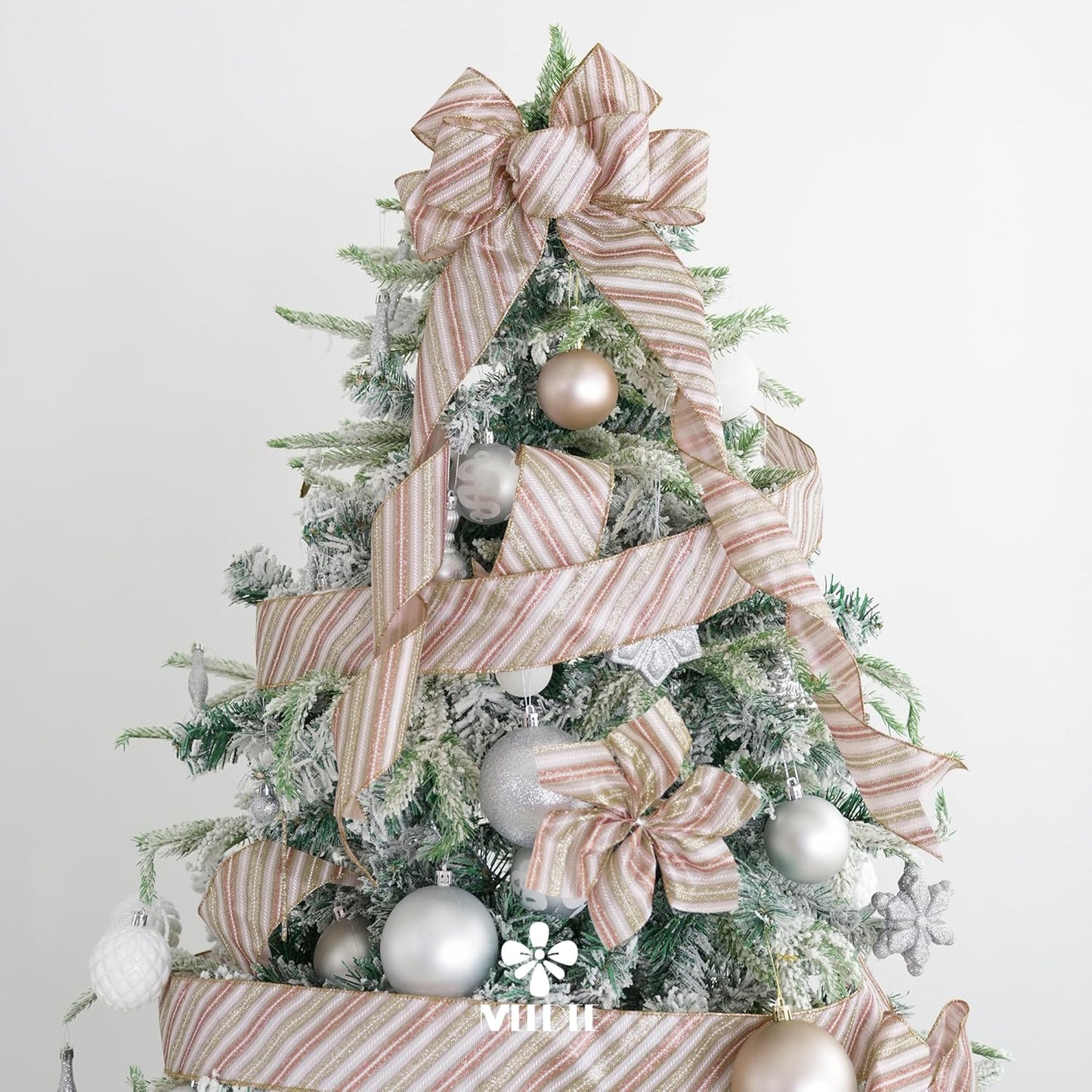 MEEDEE Pink Diagonal Striped Ribbon 2.5 Inch Blue Satin with Rose Gold and Champagne Glitter Wired Ribbon for Christmas Tree, Garlands, Wreaths, Topper Bow (10 Yards) - Crafty Corner